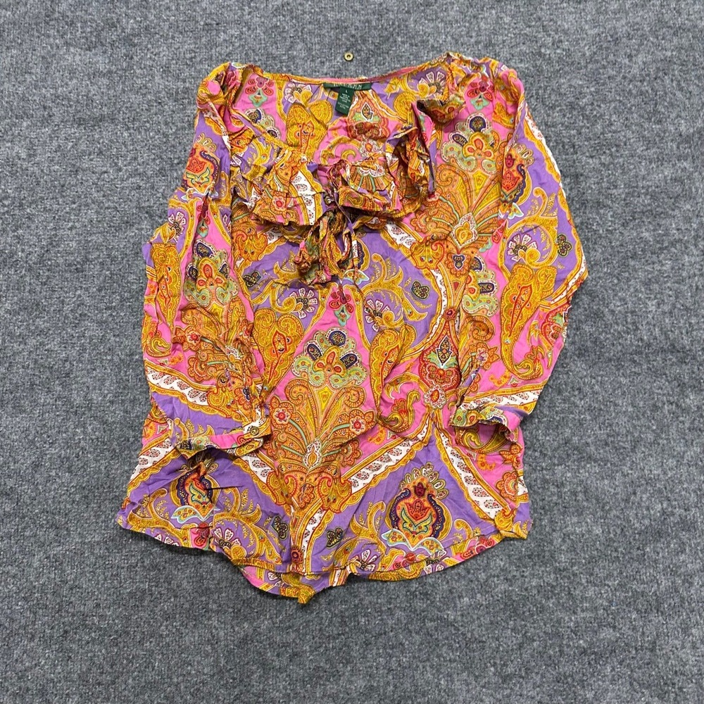 Lauren Ralph Lauren Blouse Womens Size L Pink Paisley Cotton Ruffle Neck Boho